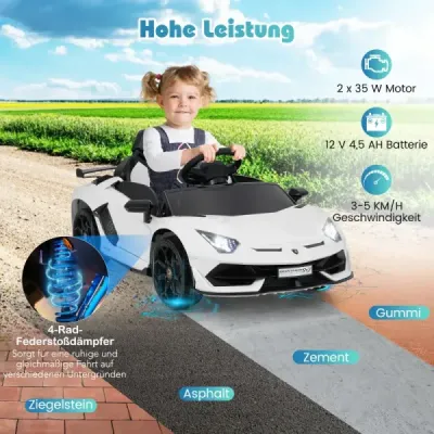 Elektrické auto Lamborghini pre deti, detské vozidlo s 2,4G diaľkovým ovládaním a LED svetlometmi, elektrické vozidlo, biele