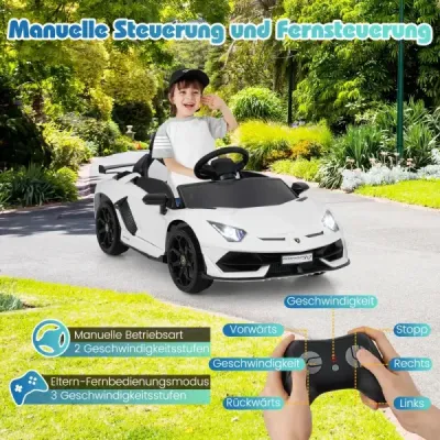 Elektrické auto Lamborghini pre deti, detské vozidlo s 2,4G diaľkovým ovládaním a LED svetlometmi, elektrické vozidlo, biele