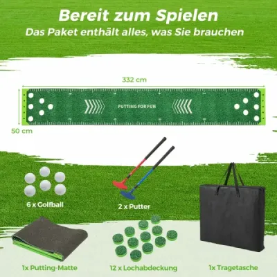 332 cm golfová podložka na putting s 2 nastaviteľnými palicami a 6 loptičkami, cvičná golfová podložka