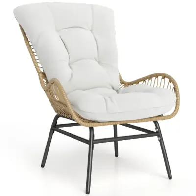 Záhradná stolička z ratanu s hrubým vankúšom, záhradná stolička z ratanu XXL, záhradná stolička na terasu s nosnosťou do 180 kg