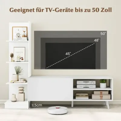 Nástenný TV stolík pre televízory do 50 palcov TV skrinka s knižnicou a nastaviteľnou policou Biela 140 x 31 x 115,5 cm