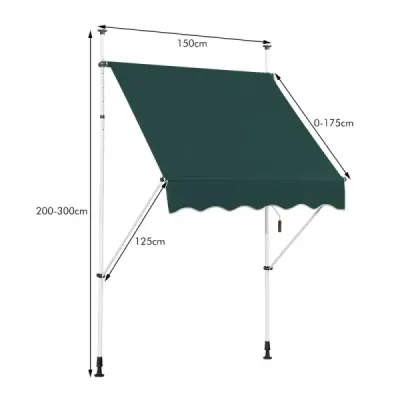 150 cm široká markíza s upínacou svorkou bez vŕtania, balkónová markíza odolná voči UV žiareniu, výškovo nastaviteľná markíza zelená