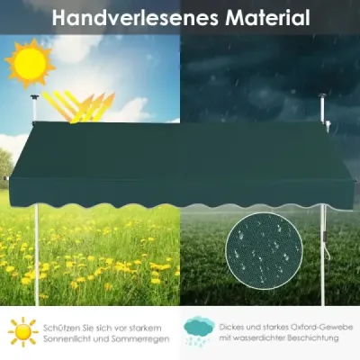 250 cm široká markíza s upínacou svorkou bez vŕtania, balkónová markíza odolná voči UV žiareniu, výškovo nastaviteľná markíza zelená