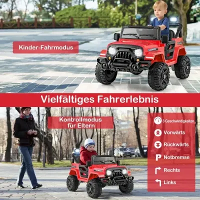 Elektrické vozidlo s diaľkovým ovládaním, terénnymi kolesami a LED svetlami. Hračka na riadenie kamióna červená.