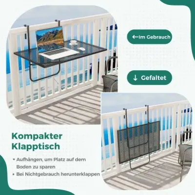 Skladací balkónový stôl, obdĺžnikový závesný stôl, kovový skladací stôl, čierny