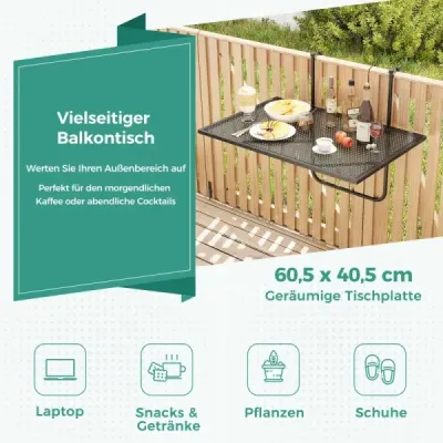 Skladací balkónový stôl, obdĺžnikový závesný stôl, kovový skladací stôl, čierny