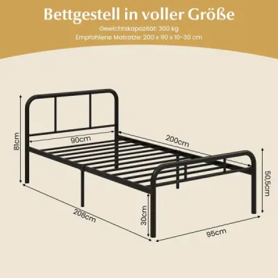 Jednolôžko s čelom a nožnou doskou, kovový rám postele, kovová plošina pre matrac 90 x 200 cm