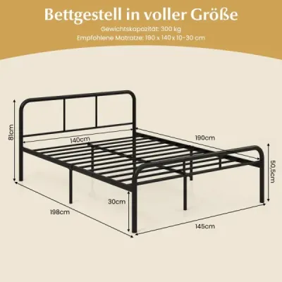 Manželská posteľ s čelom a nožnou doskou Kovový rám postele Kovová posteľ s plošinou pre matrac 140 x 190 cm