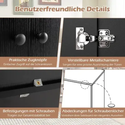 Sideboard Holz Kommode mit verstellbaren Ablagen & 2 Türen Anrichteschrank Buffetschrank Küchenschrank Aufbewahrungsschrank 75 x 35 x 95 cm Schwarz