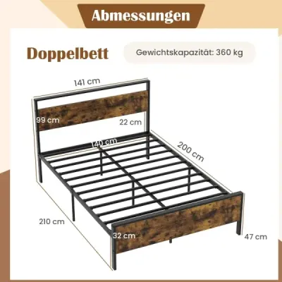 Rám postele pre matrac 200 x 140 cm Priemyselná kovová posteľ s dreveným čelom a nohou