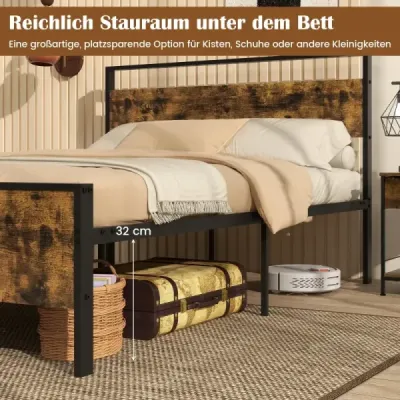Rám postele pre matrac 200 x 140 cm Priemyselná kovová posteľ s dreveným čelom a nohou