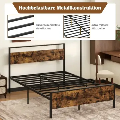 Rám postele pre matrac 200 x 140 cm Priemyselná kovová posteľ s dreveným čelom a nohou