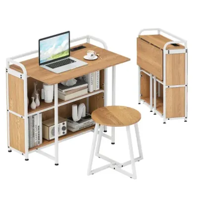 Skladací stôl so zásuvkou, skladací stôl so stoličkou, počítačový stôl s policami a kovovým rámom, 90 x 55 x 83 cm, prírodný Skladací stôl so zásuvkou, skladací stôl so stoličkou, počítačový stôl s policami a kovovým rámom, 90 x 55 x 83 cm, prírodný
