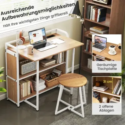Skladací stôl so zásuvkou, skladací stôl so stoličkou, počítačový stôl s policami a kovovým rámom, 90 x 55 x 83 cm, prírodný Skladací stôl so zásuvkou, skladací stôl so stoličkou, počítačový stôl s policami a kovovým rámom, 90 x 55 x 83 cm, prírodný