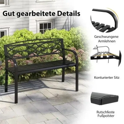 Záhradná kovová lavička odolný voči poveternostným vplyvom pre 2 osoby, balkónová lavička s operadlom a lakťovou opierkou 116 x 49 x 83 cm, čierna Záhradná kovová lavička odolný voči poveternostným vplyvom pre 2 osoby, balkónová lavička s operadlom a lakťovou opierkou 116 x 49 x 83 cm, čierna