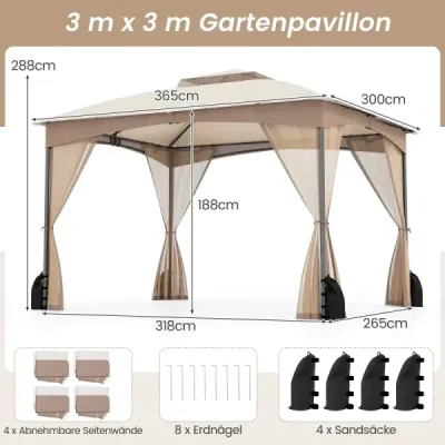 Skladací altánok Pavilón 3 x 3,6 m so 4 vrecami s pieskom, 4 sieťkami proti hmyzu a dvojitou strechou. Vodotesný, stabilný a odolný voči zime. Khaki.