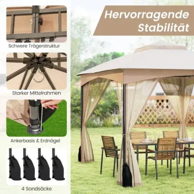Skladací altánok Pavilón 3 x 3,6 m so 4 vrecami s pieskom, 4 sieťkami proti hmyzu a dvojitou strechou. Vodotesný, stabilný a odolný voči zime. Khaki.