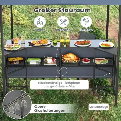 Grilovací pavilón s barom a 2 stoličkami Záhradný pavilón s dvojitou strechou 3-dielna barová súprava sivá