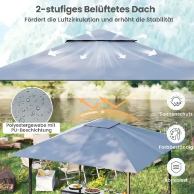 Grilovací pavilón s barom a 2 stoličkami Záhradný pavilón s dvojitou strechou 3-dielna barová súprava sivá