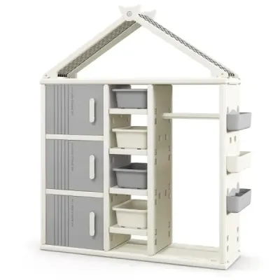 Detská polica v tvare domčeka s vešiakom na šaty Detská knižnica Polica na hračky s policami Sivá