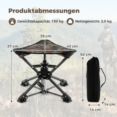Skladacia stolička, otočná o 360°, kempingová stolička s nožičkami proti prepadnutiu a prenosnou taškou v maskáčovom prevedení