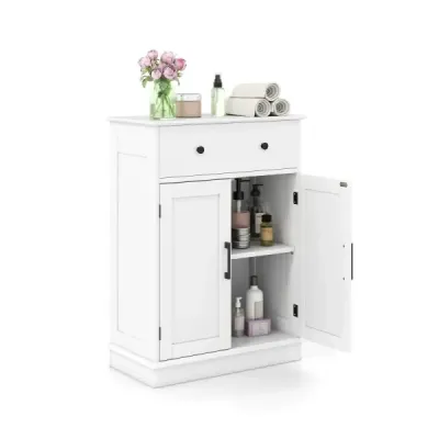 Kúpeľňová skrinka s dvierkami so zásuvkami a nastaviteľnou policou, drevená komoda do kúpeľne, 56 x 30 x 80 cm, biela