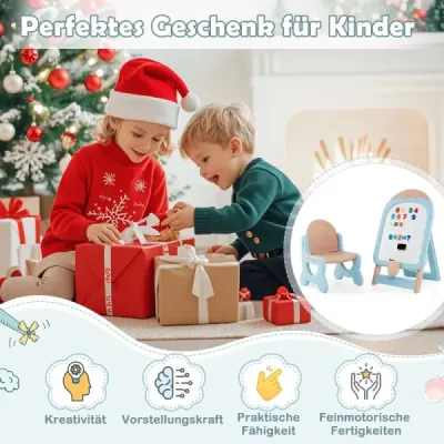 Detský stojan so stoličkou, detskou tabuľou, výškovo nastaviteľný a skladací s bielou tabuľou a úložným boxom, modrý Detský stojan so stoličkou, detskou tabuľou, výškovo nastaviteľný a skladací s bielou tabuľou a úložným boxom, modrý