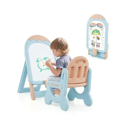 Detský stojan so stoličkou, detskou tabuľou, výškovo nastaviteľný a skladací s bielou tabuľou a úložným boxom, modrý