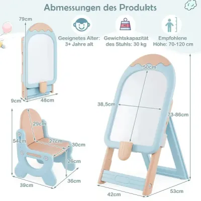 Detský stojan so stoličkou, detskou tabuľou, výškovo nastaviteľný a skladací s bielou tabuľou a úložným boxom, modrý Detský stojan so stoličkou, detskou tabuľou, výškovo nastaviteľný a skladací s bielou tabuľou a úložným boxom, modrý