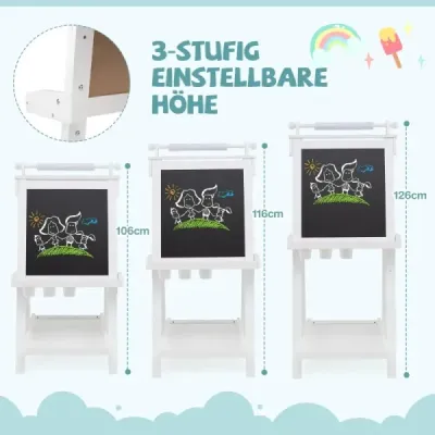 Detská výškovo nastaviteľná tabuľa s bielou tabuľou a magnetickou tabuľou, skladací stojan, biela Detská výškovo nastaviteľná tabuľa s bielou tabuľou a magnetickou tabuľou, skladací stojan, biela