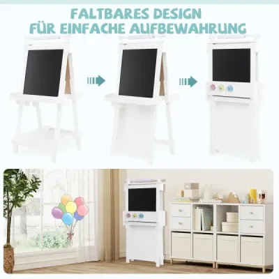 Detská výškovo nastaviteľná tabuľa s bielou tabuľou a magnetickou tabuľou, skladací stojan, biela Detská výškovo nastaviteľná tabuľa s bielou tabuľou a magnetickou tabuľou, skladací stojan, biela