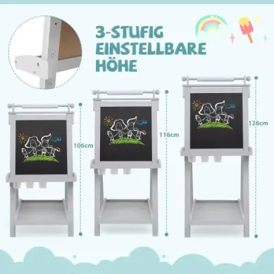 Detská výškovo nastaviteľná tabuľa s bielou tabuľou a magnetickou tabuľou, skladací stojan, sivá Detská výškovo nastaviteľná tabuľa s bielou tabuľou a magnetickou tabuľou, skladací stojan, sivá