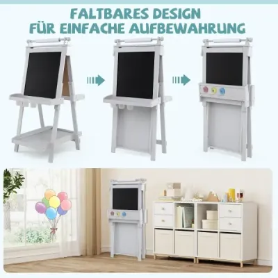 Detská výškovo nastaviteľná tabuľa s bielou tabuľou a magnetickou tabuľou, skladací stojan, sivá Detská výškovo nastaviteľná tabuľa s bielou tabuľou a magnetickou tabuľou, skladací stojan, sivá
