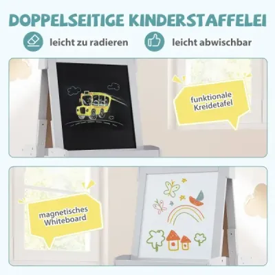 Detská výškovo nastaviteľná tabuľa s bielou tabuľou a magnetickou tabuľou, skladací stojan, sivá Detská výškovo nastaviteľná tabuľa s bielou tabuľou a magnetickou tabuľou, skladací stojan, sivá