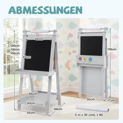 Detská výškovo nastaviteľná tabuľa s bielou tabuľou a magnetickou tabuľou, skladací stojan, sivá Detská výškovo nastaviteľná tabuľa s bielou tabuľou a magnetickou tabuľou, skladací stojan, sivá