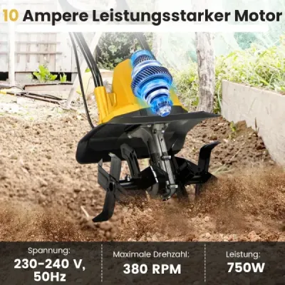 Motorhacke elektrisch 750W | Arbeitsbreite 32 cm | Arbeitstiefe 22 cm | 380 U/min Elektro Bodenhacke mit Schutzschalter 32,5 x 24 x 138 cm Gelb