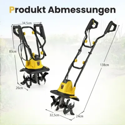 Motorhacke elektrisch 750W | Arbeitsbreite 32 cm | Arbeitstiefe 22 cm | 380 U/min Elektro Bodenhacke mit Schutzschalter 32,5 x 24 x 138 cm Gelb