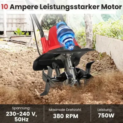 Elektrický kultivátor 750 W | Pracovná šírka 32 cm | Pracovná hĺbka 22 cm | 380 ot./min Elektrický kultivátor s bezpečnostným spínačom a rukoväťou 32,5 x 24 x 138 cm Červený