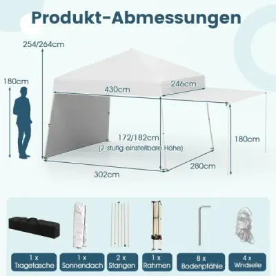 Výklopný altánok 430 x 280 cm s 2 bočnými stenami, ktoré sa dajú premeniť na markízu, biely