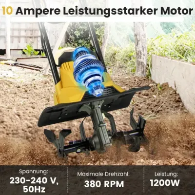 Elektrický kultivátor 1200 W | Pracovná šírka 36 cm | Pracovná hĺbka 22 cm | 380 ot./min. Elektrický kultivátor s bezpečnostným spínačom a rukoväťou 36,5 x 24 x 138 cm Žltý
