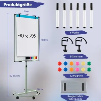 Stojan na flipchart na kolieskach s magnetmi a fixkami Výškovo nastaviteľná biela tabuľa Zelený