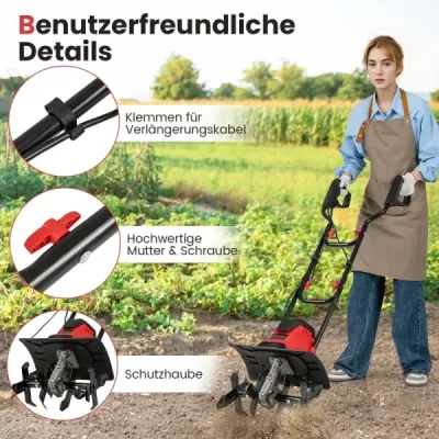 Elektrický kultivátor 1200 W | Pracovná šírka 36 cm | Pracovná hĺbka 22 cm | Skladací záhradný kultivátor 380 ot./min. 36,5 x 24 x 138 cm červený