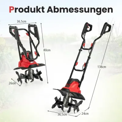Elektrický kultivátor 1200 W | Pracovná šírka 36 cm | Pracovná hĺbka 22 cm | Skladací záhradný kultivátor 380 ot./min. 36,5 x 24 x 138 cm červený
