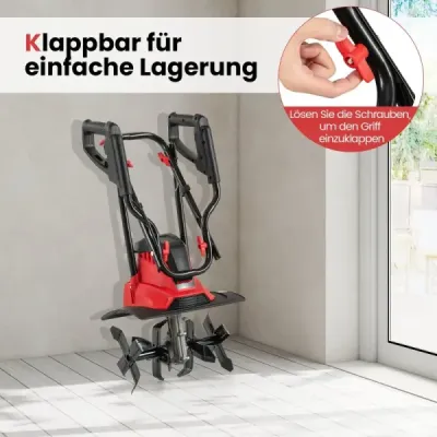 Elektrický kultivátor 1200 W | Pracovná šírka 36 cm | Pracovná hĺbka 22 cm | Skladací záhradný kultivátor 380 ot./min. 36,5 x 24 x 138 cm červený