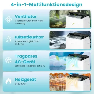 Prenosná klimatizácia 4 v 1 12000 BTU Kúrenie a chladenie Ventilácia a odvlhčovač (3,5 kW - 12000 - 35 m² (105 m³) - WIFI (iba chladenie)