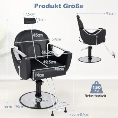 Výškovo nastaviteľné kadernícke kreslo s opierkou hlavy a hydraulickým čerpadlom 360° otočné kadernícke kreslo čierne