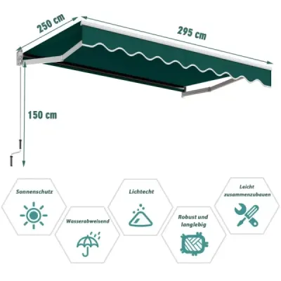 Markíza so sklopným ramenom 3 x 2,5 m Slnečná markíza Balkónová markíza Terasová markíza Svorková markíza s UV a vode odolným materiálom Zelená