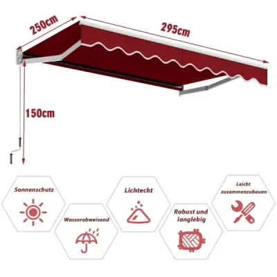 Markíza so sklopným ramenom 3 x 2,5 m Slnečná markíza Balkónová markíza Markíza na terasu Svorková markíza s materiálom odolným voči UV žiareniu a vode Vínovo červená