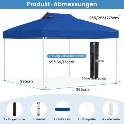 3 x 3 m pavilón, vodotesný skladací pavilón, UV ochrana 50+, párty stan, skladací stan, záhradný pavilón, modrý