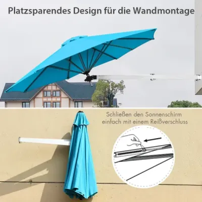 Slnečník na stenu, sklopný nástenný slnečník, balkónový slnečník s nastaviteľnou hliníkovou tyčou Ø 250 cm, tyrkysový